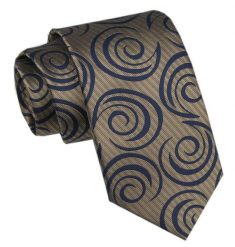 Elegancki Krawat Męski - Alties - Ciemne Złoto, Granatowy Wzór. Żółte krawaty i muchy Alties, bez wzorów, z tkaniny. Za 49.00 zł.