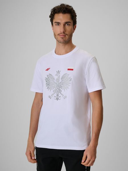 4F Koszulka kibica męska - biała M. Białe t-shirty sportowe 4F, bez wzorów, z dzianiny, bez ramiączek. Za 79.99 zł.