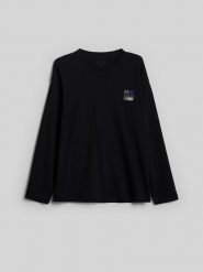 4F Longsleeve loose z nadrukiem męski - czarny XL. Czarne koszulki z długim rękawem 4F, m, bez wzorów, z bawełny, bez ramiączek. Za 89.99 zł.