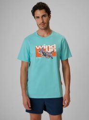 4F T-shirt regular z nadrukiem męski - turkusowy XXL. Niebieskie t-shirty 4F, m, bez wzorów, z bawełny, bez kołnierzyka, bez ramiączek. Za 79.99 zł.