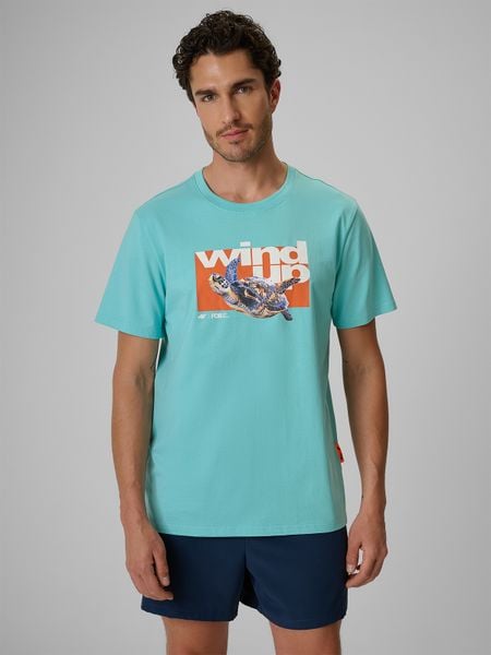 4F T-shirt regular z nadrukiem męski - turkusowy L. Niebieskie t-shirty 4F, l, bez wzorów, z bawełny, bez kołnierzyka, bez ramiączek. Za 79.99 zł.