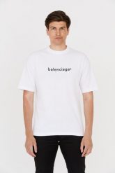 BALENCIAGA Biały t-shirt z czarnym logo. Białe t-shirty BALENCIAGA, m, bez wzorów, bez kołnierzyka, bez ramiączek. W wyprzedaży za 799.99 zł.