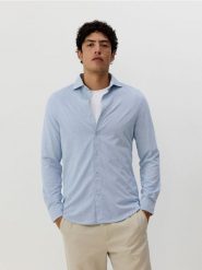 Koszula slim fit w paski - jasnoniebieski. Niebieskie koszule Reserved, l, bez wzorów, z bawełny, bez kołnierzyka, bez ramiączek. W wyprzedaży za 79.99 zł.
