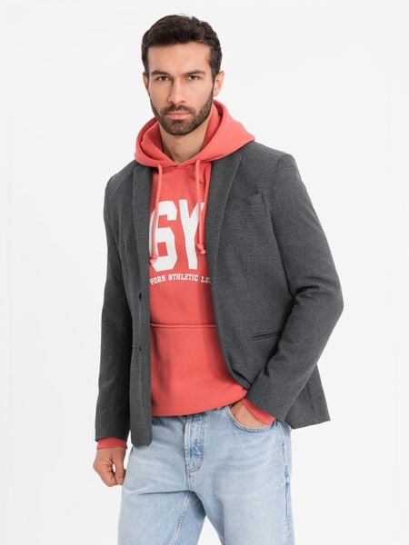 Elegancka marynarka męska z dekoracyjnymi guzikami na mankietach - grafitowa V1 - Rozmiar: S. Szare garnitury Ombre Clothing, m, bez wzorów, z poliesteru, eleganckie. W wyprzedaży za 149.99 zł.