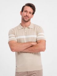 Męska koszulka polo z miękkiej dzianiny z kontrastowymi pasami - beżowa V4 OM-POSS-0118 - XXL. Brązowe koszulki polo sportowe Ombre Clothing, l, bez wzorów, z dzianiny, bez kołnierzyka, bez ramiączek. W wyprzedaży za 129.99 zł.