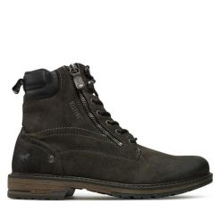 Trzewiki Mustang. Szare botki sznurowane Mustang, bez wzorów, bez obcasa, bez zapięcia. Za 259.99 zł.