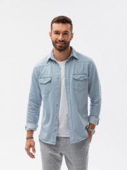 Koszula męska jeansowa na zatrzaski - jasnoniebieska K567 - M. Niebieskie koszule Ombre Clothing, l, bez wzorów, z bawełny, bez kołnierzyka, bez ramiączek. Za 83.99 zł.