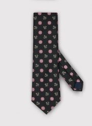PAKO LORENTE – Czarny krawat męski w kwiecisty wzór. Czarne krawaty i muchy Pako Lorente, bez wzorów, z poliesteru. Za 29.99 zł.