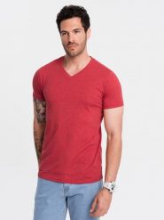 Klasyczna męska bawełniana koszulka z dekoltem w serek BASIC – czerwony melanż V17 OM-TSBS-0145 - XXL. Czerwone t-shirty Ombre Clothing, l, bez wzorów, z bawełny, bez kołnierzyka, bez ramiączek. W wyprzedaży za 24.99 zł.