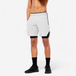 Spodenki fitness cardio męskie Domyos. Szare krótkie spodenki sportowe DOMYOS, l, bez wzorów, z materiału. Za 79.99 zł.