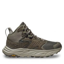 Trekkingi Hoka. Brązowe botki sznurowane HOKA, bez wzorów, z gore-texu, bez obcasa, bez zapięcia. Za 759.99 zł.