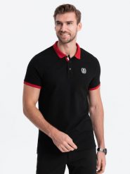 Męska koszulka polo z kolorowymi akcentami – czarny V3 OM-POSS-0105 - XL. Czarne koszulki polo sportowe Ombre Clothing, l, bez wzorów, z dzianiny, bez kołnierzyka, bez ramiączek. Za 77.99 zł.