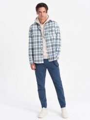 Spodnie męskie materiałowe JOGGERY z ozdobnym sznurkiem - niebieskie V10 P908 - XL. Niebieskie joggery i bojówki Ombre Clothing, m, bez wzorów, z bawełny. W wyprzedaży za 69.99 zł.