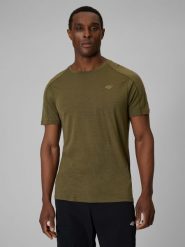 4F Koszulka trekkingowa z wełną merino męska - khaki S. Brązowe t-shirty 4F, l, bez wzorów, z wełny, bez kołnierzyka, bez ramiączek. Za 199.99 zł.