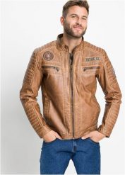 Kurtka ze sztucznej skóry. Brązowe kurtki bonprix, m, bez wzorów, ze skóry, bez kaptura. Za 249.99 zł.