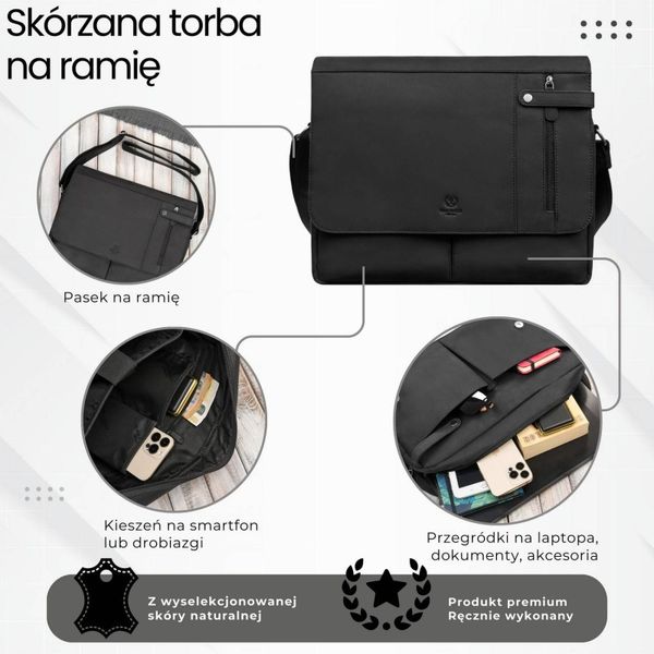 Męska czarna skórzana torba na ramie na laptopa vintage Paolo Peruzzi T-148-HBL. Czarne torby na laptopa . Za 389.00 zł.