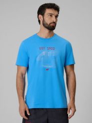 4F T-shirt regular z nadrukiem męski - niebieski S. Niebieskie t-shirty 4F, bez wzorów, z materiału, bez ramiączek, na fitness i siłownię. W wyprzedaży za 49.99 zł.