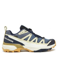 Trekkingi Salomon. Niebieskie buty trekkingowe Salomon, bez wzorów, z gore-texu, bez zapięcia. Za 459.99 zł.