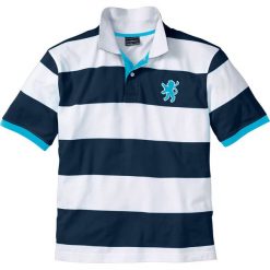 Shirt polo Regular Fit bonprix ciemnoniebiesko-biały w paski. Koszulki polo marki bonprix, z haftami, z bawełny, polo. Za 69.99 zł.