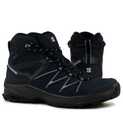 Buty męskie trekkingowe wodoodporne Salomon DAINTREE MID GTX. Czarne buty sportowe casual Salomon, na jesień, bez wzorów, bez zapięcia. W wyprzedaży za 429.00 zł.