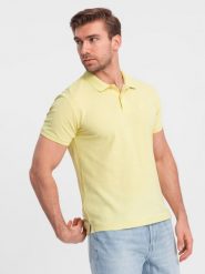 Jednokolorowa koszulka polo męska BASIC z dzianiny pique - żółta V15 OM-POBS-0100 - L. Żółte koszulki polo sportowe Ombre Clothing, l, z aplikacjami, z bawełny, bez kołnierzyka, bez ramiączek. Za 77.99 zł.
