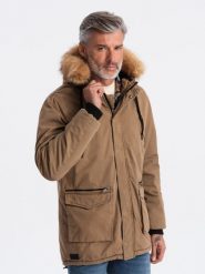 Kurtka męska zimowa parka z dużymi kieszeniami - beżowa V5 C512 - XL. Brązowe kurtki Ombre Clothing, na zimę, l, bez wzorów, z bawełny, bez kaptura. W wyprzedaży za 119.99 zł.