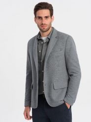 Marynarka męska z łatami na łokciach - jasnoszara V1 OM-BLZB-0108 - XXL. Szare garnitury Ombre Clothing, m, bez wzorów, z bawełny. W wyprzedaży za 139.99 zł.