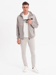 Męska lekka kurtka z łączonych materiałów z kapturem i ozdobnym pikowaniem – popielata V3 OM-JANP-0160 - XXL. Szare kurtki Ombre Clothing, l, z aplikacjami, z gumy, z kapturem. W wyprzedaży za 139.99 zł.