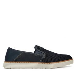 Półbuty Rieker. Niebieskie eleganckie półbuty Rieker, bez wzorów, bez obcasa, bez zapięcia. Za 319.99 zł.