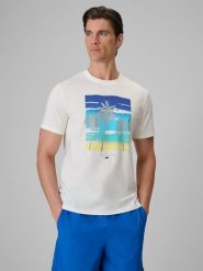 4F T-shirt regular z nadrukiem męski - kremowy M. Białe t-shirty 4F, m, bez wzorów, z bawełny, bez kołnierzyka, bez ramiączek. W wyprzedaży za 49.99 zł.