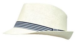 Przewiewny Męski Kapelusz, Letni, Beżowy, Trilby, Letni z Granatowym Paskiem, Pako Jeans. Brązowe kapelusze Pako Jeans, bez wzorów, z jeansu, klasyczne. Za 55.00 zł.