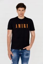 AMIRI T-shirt męski czarny z pomarańczowym logo. Czarne t-shirty Amiri, m, bez wzorów, bez kołnierzyka, bez ramiączek. W wyprzedaży za 999.99 zł.