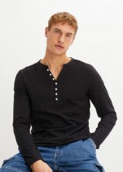 Shirt z dekoltem henley, z bawełny organicznej, Slim Fit. Czarne bluzki z długim rękawem bonprix, l, bez wzorów, z bawełny, bez kołnierzyka, bez ramiączek. Za 69.99 zł.