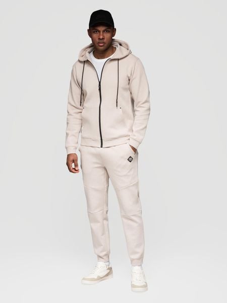 Komplet dresowy męski set bluza rozpinana z kapturem + spodnie joggery - jasnobeżowy V6. Brązowe bluzy z kapturem Ombre Clothing, m, bez wzorów, z bawełny, z kapturem. Za 399.99 zł.