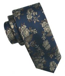 Elegancki i Modny Męski Krawat - Angelo di Monti - Beżowe Kwiaty, Granatowe Tło. Niebieskie krawaty i muchy Angelo di Monti, bez wzorów, z tkaniny. Za 45.00 zł.