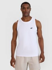 4F Tank top regular gładki męski - biały L. Białe bezrękawniki 4F, l, bez wzorów, z bawełny, bez kołnierzyka, bez ramiączek. Za 49.99 zł.