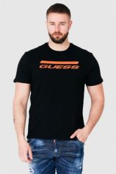 GUESS Czarny t-shirt męski z pomarańczowym logo. Czarne t-shirty Guess, m, z aplikacjami, bez kołnierzyka, bez ramiączek. W wyprzedaży za 119.99 zł.