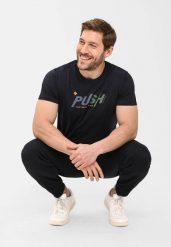Męski t-shirt z napisem T-PUSH. Niebieskie t-shirty Volcano, m, bez wzorów, z bawełny, bez kołnierzyka, bez ramiączek. Za 59.99 zł.