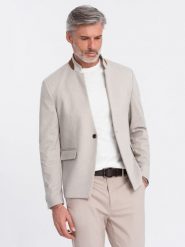 Melanżowa męska marynarka z dodatkiem rayonu ze stójką – beżowy melanż V3 OM-BLZB-0131 - XL. Brązowe garnitury Ombre Clothing, na co dzień, l, bez wzorów, z materiału, casualowe. Za 257.99 zł.