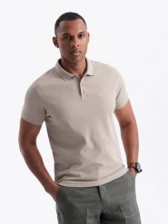 Jednokolorowa koszulka męska polo BASIC z dzianiny pique - ciemnobeżowa V5 OM-POBS-0100 - XXL. Brązowe koszulki polo sportowe Ombre Clothing, l, z aplikacjami, z bawełny, bez kołnierzyka, bez ramiączek. Za 77.99 zł.