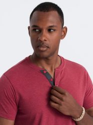 T-shirt męski z okrągłym rozpinanym dekoltem henley – czerwony V1 OM-TSCT-0155 - XXL. Czerwone t-shirty Ombre Clothing, l, bez wzorów, z bawełny, bez kołnierzyka, bez ramiączek. Za 65.99 zł.