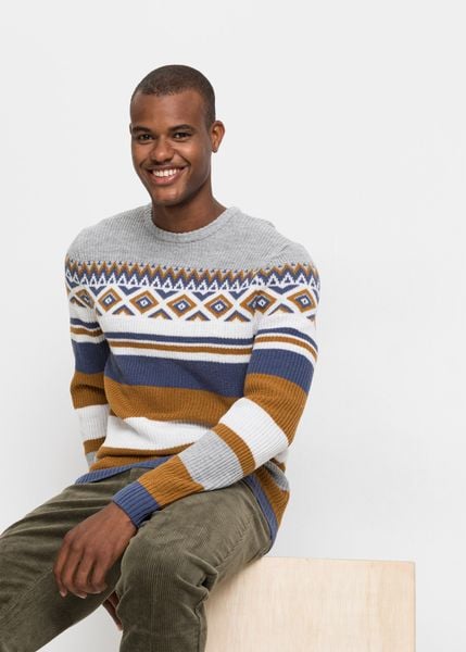 Sweter w norweski wzór. Brązowe swetry nierozpinane bonprix, m, bez wzorów, bez kołnierzyka, bez ramiączek. Za 109.99 zł.