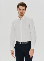 PAKO LORENTE – Biała koszula męska w czarne kropki P24SF-1X-001-B-S - Pako Lorente. Białe koszule Pako Lorente, l, bez wzorów, bez kołnierzyka, bez ramiączek. Za 89.99 zł.