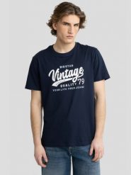 Koszulka męska z nadrukiem na piersi granatowa Gralis 403. Niebieskie t-shirty BIG STAR, l, bez wzorów, z bawełny, bez kołnierzyka, bez ramiączek. W wyprzedaży za 79.99 zł.