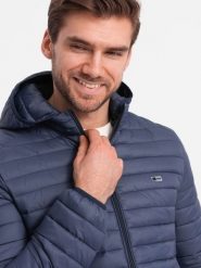 Kurtka męska pikowana pakowana w worek - granatowa V1 - Rozmiar: S. Niebieskie kurtki Ombre Clothing, m, bez wzorów, z materiału. Za 289.99 zł.