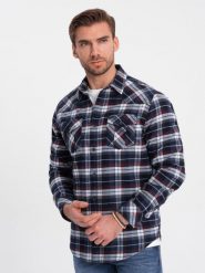 Męska flanelowa koszula w kratę z kieszeniami - granatowo-czerwona V2 OM-SHCS-0149 - XXL. Czerwone koszule Ombre Clothing, l, bez wzorów, z bawełny, bez kołnierzyka, bez ramiączek. W wyprzedaży za 79.99 zł.