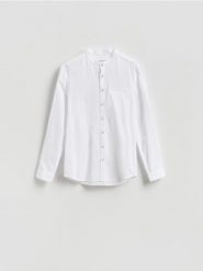 Koszula slim fit z lnem - biały. Białe koszule Reserved, l, bez wzorów, z bawełny, bez kołnierzyka, bez ramiączek. Za 119.99 zł.