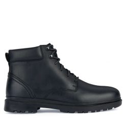 Trzewiki Geox. Czarne botki sznurowane Geox, bez wzorów, bez obcasa, bez zapięcia. Za 329.99 zł.