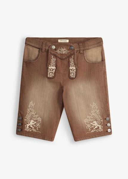Jeansowe szorty w ludowym stylu, ze spraniem vintage, regular fit. Brązowe jeansy bonprix, m. Za 189.99 zł.