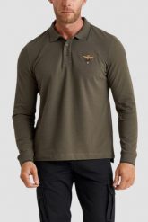 AERONAUTICA MILITARE Zielony męski longsleeve polo Piqué. Zielone bluzki z długim rękawem Aeronautica Militare, l, bez wzorów, bez kołnierzyka, bez ramiączek. W wyprzedaży za 279.99 zł.